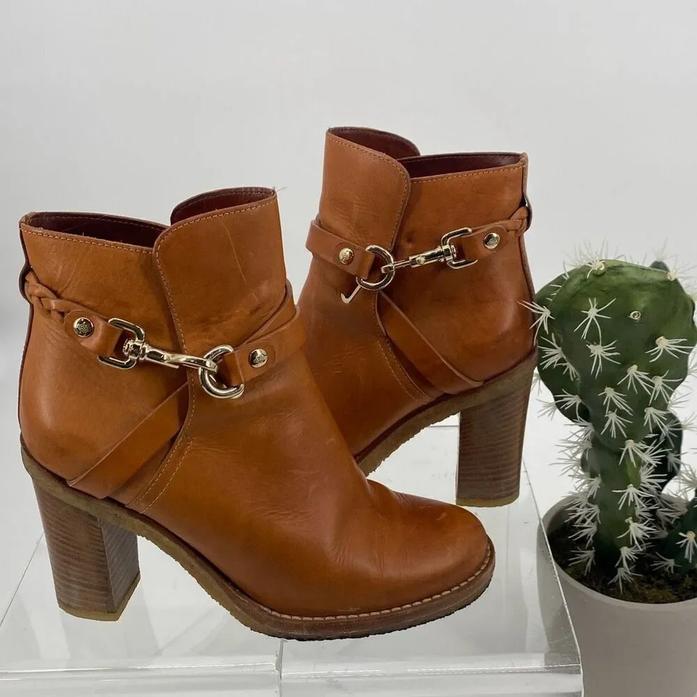 Mulberry Dorset Stacked Heel Buckle Ankle Boots Leather Cognac Size EU 38/ US 7‎
